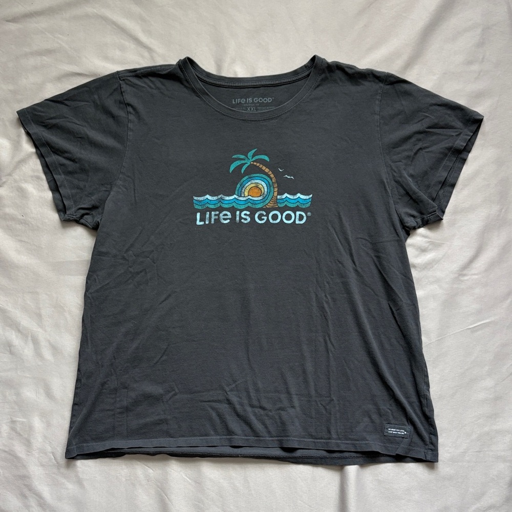 Life Is Good Women’s XXL Crusher Tee Palm Tree Sunset Graphic Gray Cotton 🏝️